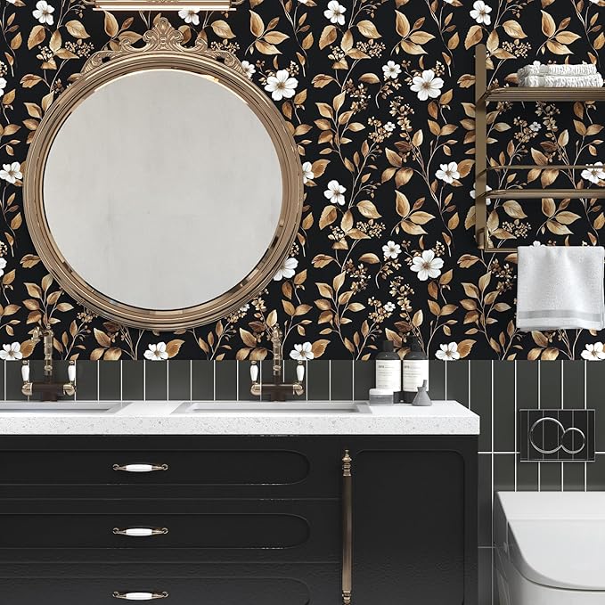 Extra Long Vintage Gold Wallpaper, 17.5" x 393" Classic Black and Gold Floral Self-Adhesive Vinyl Contact Paper for Bedroom, Powder Room, Countertop, Removable Antique Dark Metallic Home Decor