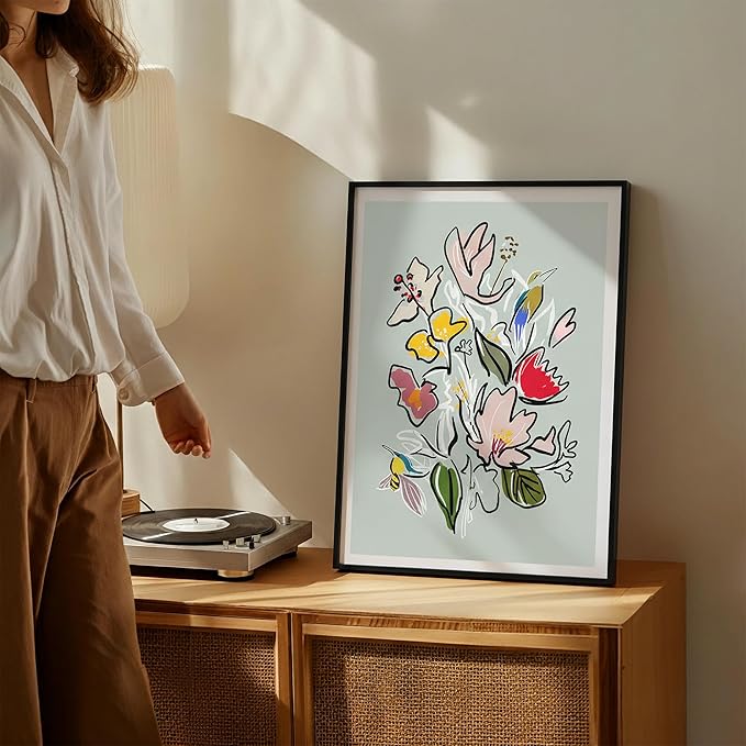 Abstract Floral Framed Wall Art for Bedroom, Colorful Botanical Canvas Prints, Hummingbird Painting Picture, Flower and Bird Wall Decor for Living Room Apartment Dorm Gallery, Hand-drawn Style Canvas Wall Art, Gifts for Friends & Family – 24" x 18"
