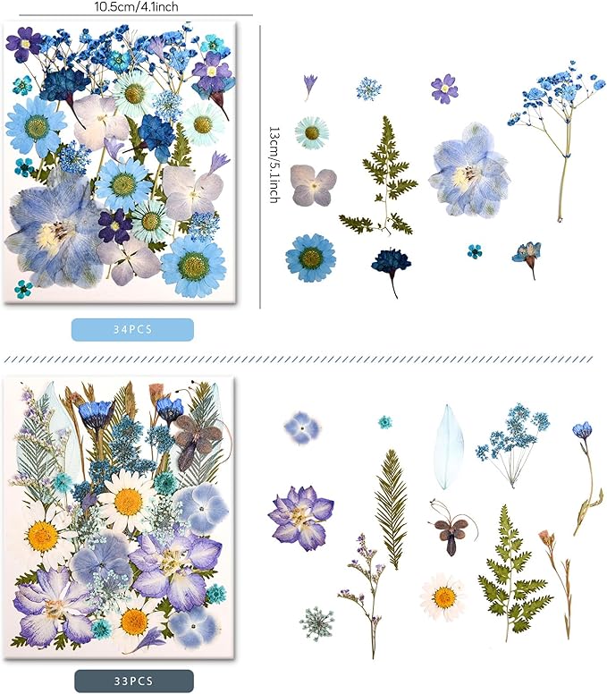 140 PCS Blue Real Pressed Dried Flowers and Leaves with Butterfly Stickers & Tweezers – Natural Dried Flowers for Resin, Candle, Jewelry, Scrapbooking & DIY Crafts (Blue 140)