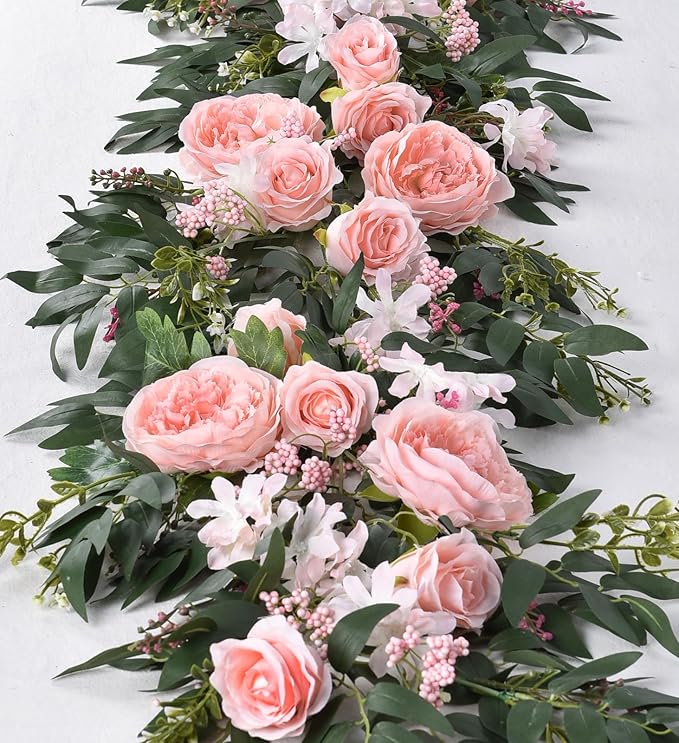 Lvydec 2 Pack Artificial Peony Flower Garland - 6ft Silk Peony Vine Willow Leaves Garland Pink Arch Flower Vine for Wedding Party Table Decoration (Pink)