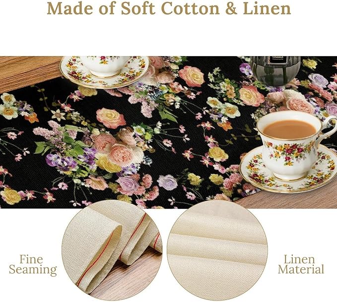 Vintage Floral Table Runner,Gothic Retro Flowers Spring Summer Seasonal Table Runner for Home Kitchen Table Dining Indoor Outdoor Party Decor 13x108 Inch