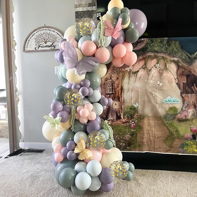 Dusty Green Purple Pink Balloon Arch Kit, Fairy Wildflower Balloon Garland Sage Green Blush Pink Lavender Purple Gold Balloons for Flower Floral Wonderland Baby Shower Wedding Birthday Party Decor