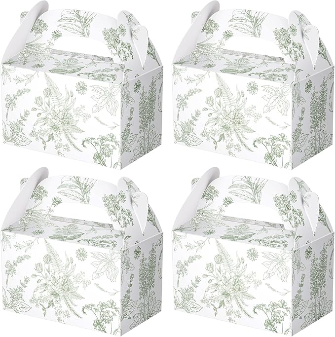 Dunzoom 24 Pack Sage Green Floral Paper Gift Boxes Party Favor Gift Gable Boxes with Chinoiserie Floral Printed Candy Treat Box for Wedding Birthday Tea Bridal Shower Party