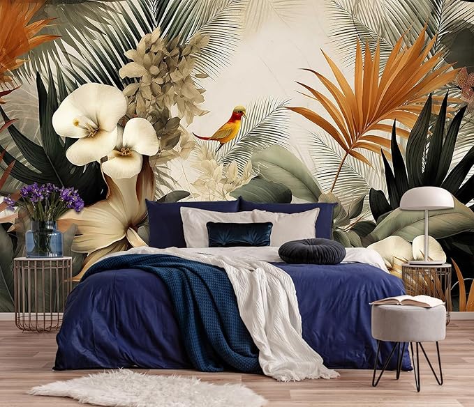Flower Series Mural Colorful Leaves Seamless Wall Mural, Birds Resting on Flowers Wallpaper for Bedroom, Living Room, Bathroom Background Wall Decoration（Non-self-Adhesive）