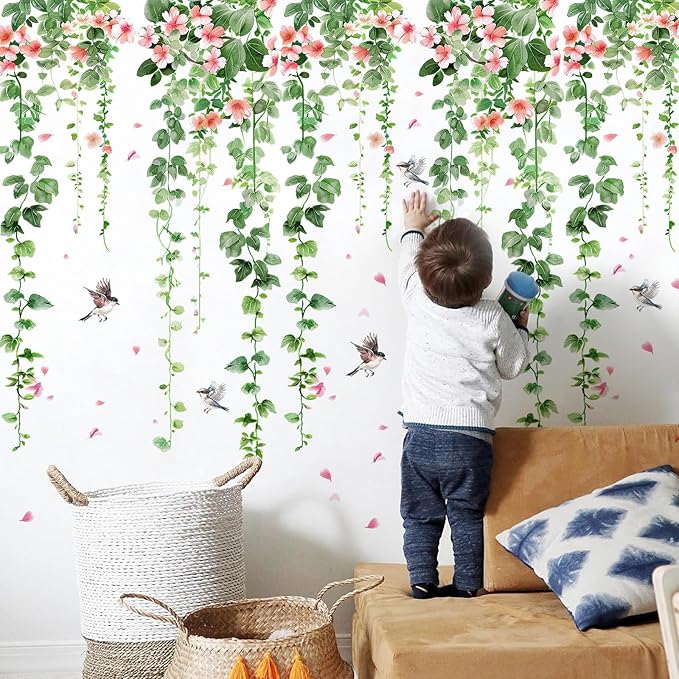 4 Sheets Green Plants Flower Wall Decals Hanging Vine Green Leaves Wall Stickers Watercolor Pink Flowers Wall Art Nature Removable Peel and Stick Wallpaper for Kids Bedroom Nursery Home Decoration 21