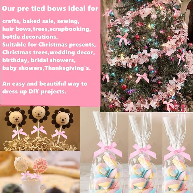 100 PCS 3 Inch Pink Twist Bows for Treat Bags, Satin Twist Tie Bows, Pre Tied Bows with Wire, Ribbon Bows with Twist Ties, Bow Ties for Gift Bags, Popcorn Bags, Cookie Bags, Party Favors
