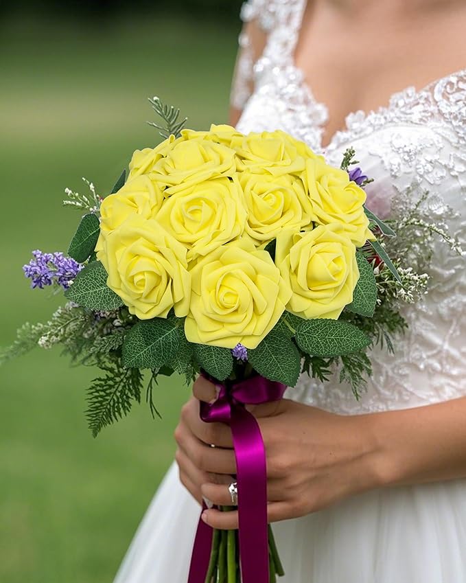 DuHouse 50Pcs Artificial Roses Flowers Fake Roses with Stems Real Touch Foam Flowers for DIY Wedding Bouquet Baby Shower Centerpiece Floral Arrangement Party Home Decor(Yellow)