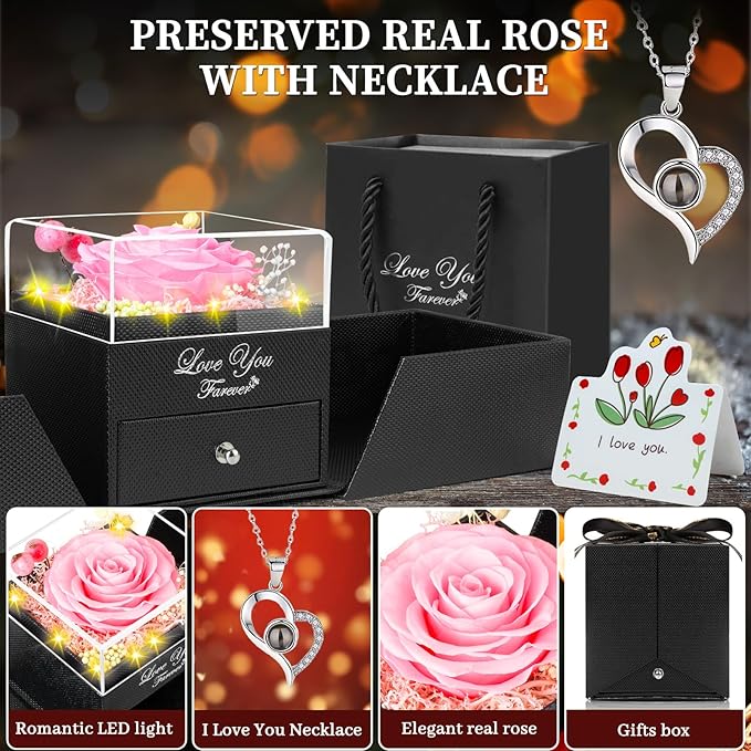 Preserved Pink Real Rose with I Love You Necklace -Eternal Flowers Rose Gifts for Mom Grandma Wife Girlfriend Gifts for Her Christmas Birthday Anniversary