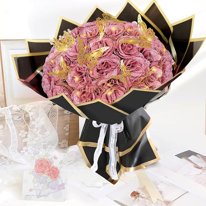 Gold Rose Glitter Roses Bouquet, 24 Pcs Shiny Glitter Flowers Bouquet, Everlasting DIY Artificial Roses Bouquet for Christmas, Birthday, Anniversary, Wedding, Engagement,Mothers Day,Gifts