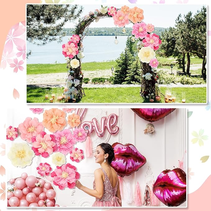 MotiMind 12 Pcs Large Colorful Tissue Paper Flowers 20" 10'' Giant Fiesta Paper Flowers Mexican Pom for Carnival Party Wall Backdrop Decoration Wedding Birthday (Gradient Pink)