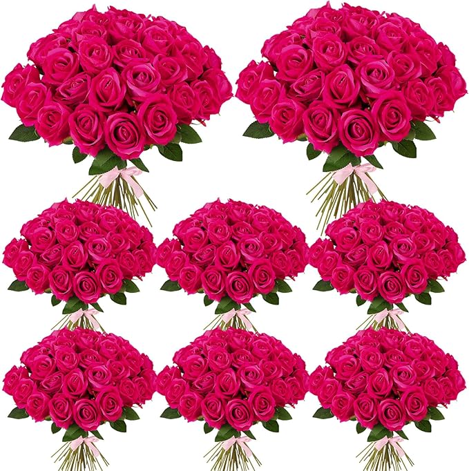 80 Pcs Roses Artificial Flowers, Silk Hot Pink Artificial Flowers Petals Long Stem Roses for Wedding Bouquet Home Party Decor