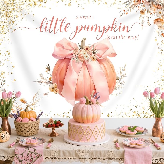 Sweet Little Pumpkin Baby Shower Backdrop for Girls Floral Pink Bowknot Golden Glitter Fall Photography Background Newborn Baby Shower Party Decoration Supplies Banner Photo Booth Props 7x5ft