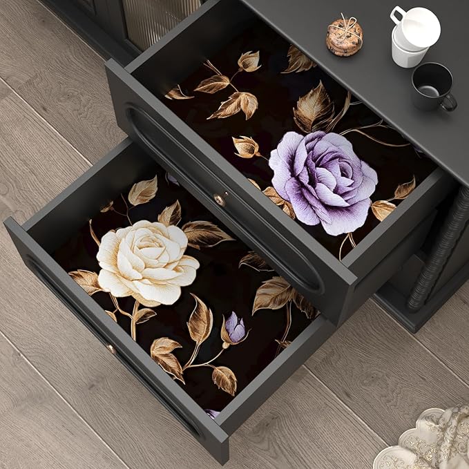 Golden Floral Wallpaper Peel and Stick Vintage Purple Gold Rose Contact Paper Self Adhesive Removable Retro Dark Flower Wall Mural for Bedroom Walls Shelves Cabinet Table Decor 17.5" x 118"