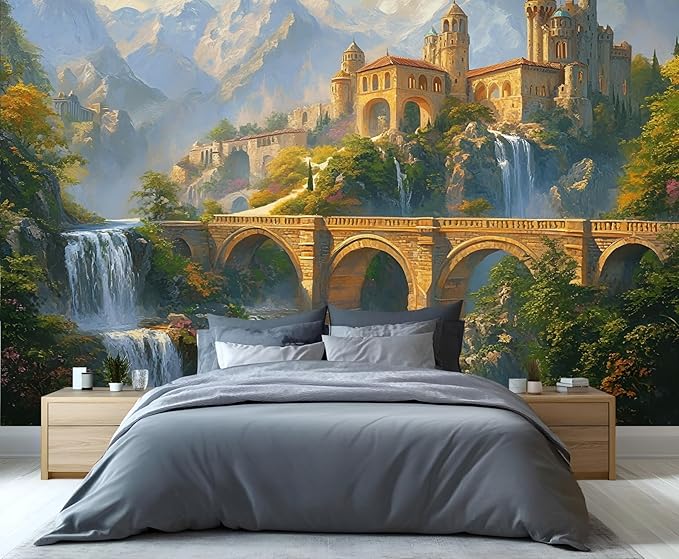 Fantasy Castle Wall Mural, Magical Waterfall Landscape 3D Wall Murals, Royal Palace Wallpaper Mural, for Living Room Bedroom Large Wallpaper Indoor Decor 59" W x39.4 H