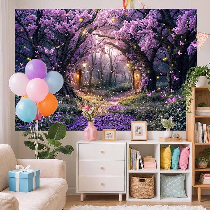 12X10ft Enchanted Forest Backdrop Fairy Tale Purple Wonderland Garden Tree House Floral Butterfly Photography Background for Kids Girl Baby Shower Birthday Party Decoration Banner Booth Props