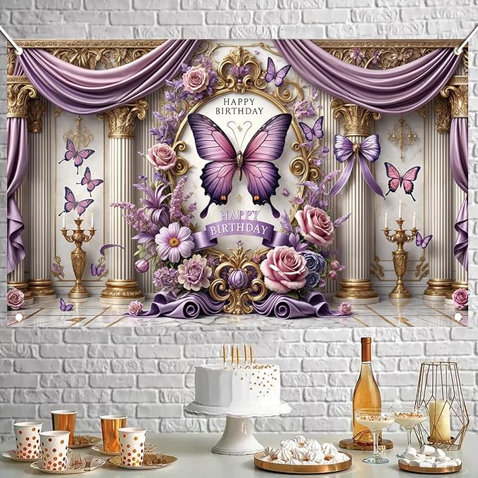Floral Birthday Backdrop Banner for Girls Spring Butterfly Happy Birthday Photography Background Pink Flower Blossom Plant Pastel Lovely Princess Banner Photo Booth Studio 70.8 x 43.3 Inch