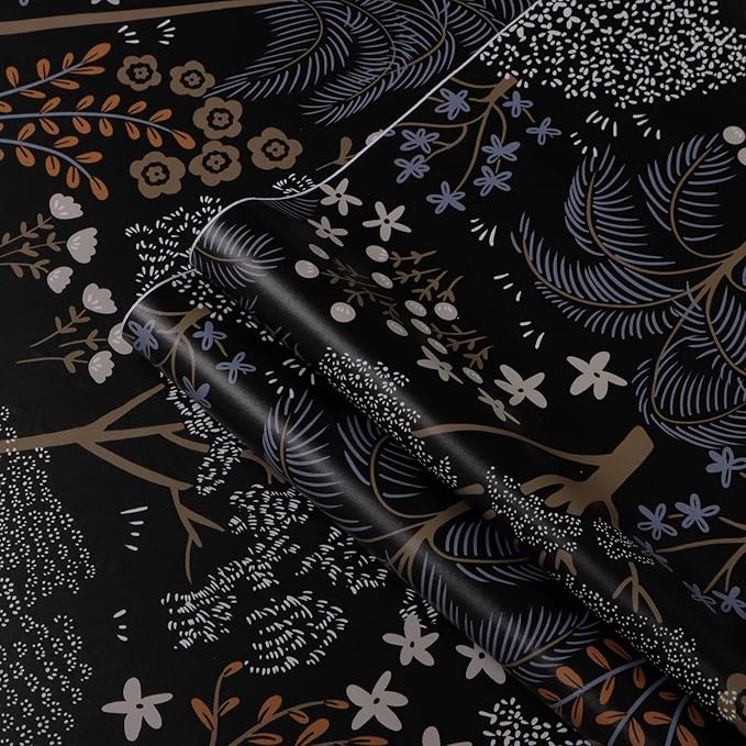 Guvana 197"x16.14" Forest Wallpaper Black Peel and Stick Wallpaper Leaf Contact Paper Floral Self Adhesive Wall Paper for Living Room Cabinets Decorative