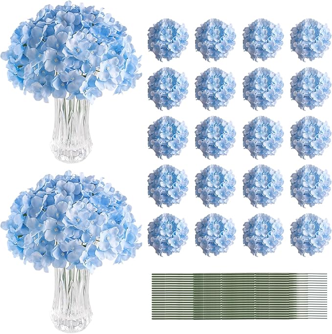 Veryhome 20Pcs Blue Hydrangea Artificial Flowers, Faux Hydrangea Flowers, Silk Flowers Heads with Stems, Fake Hydrangeas for Home Decor Wedding Party Centerpieces DIY Floral Arrangements