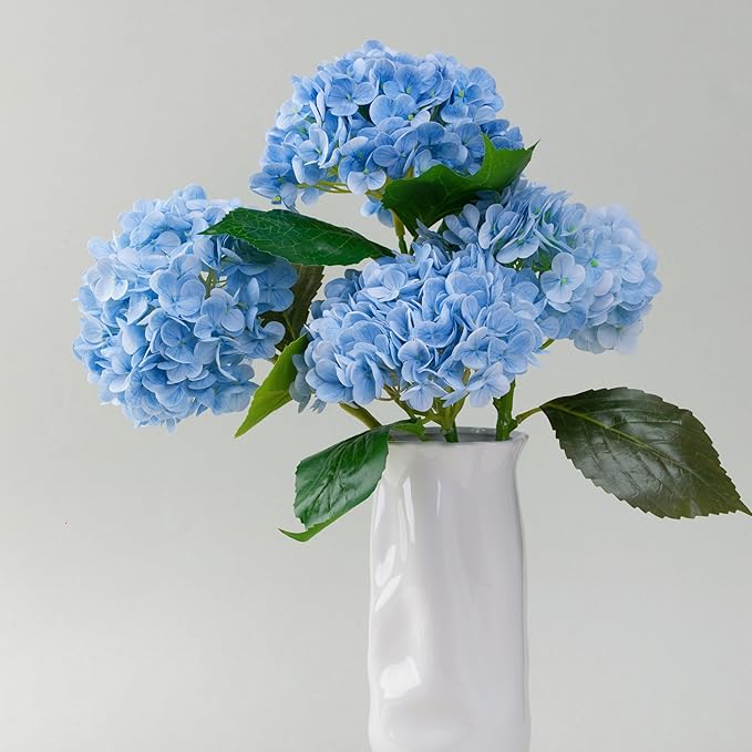 WILD WORKS 4Pcs Light Blue Hydrangea Artificial Flower Natural Lifelike Real 21 inch Long Stem Hydrangea Latex Flower Bouquets for for Christmas Decor Home Party Outdoor Wedding Decoration
