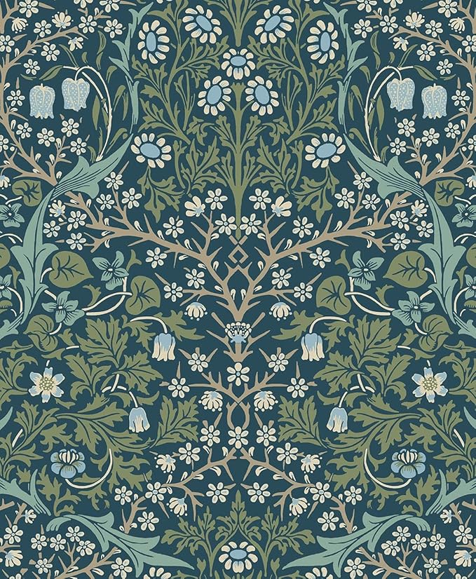 NextWall Seabrook Designs Victorian Garden Floral Vintage Prepasted Wallpaper (Prussian Blue & Moss Green)