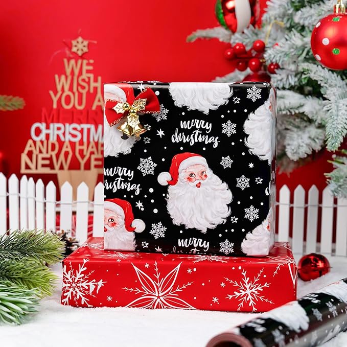 MAYPLUSS Christmas Wrapping Paper Roll - 17 Inch X 33 Feet - Merry Christmas Santa Claus Reversible Snowflake Gift Wrapping Paper, Thick Wrap Paper for Holiday Party New Year Kids