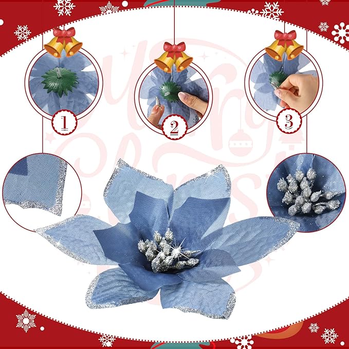WILLBOND 24 Pcs 3 Size Poinsettia Flower Artificial Christmas Decor Glitter Poinsettia Christmas Ornaments Faux Flowers for Xmas Tree Outdoor(4/6/7.9 Inches,Dusty Blue)