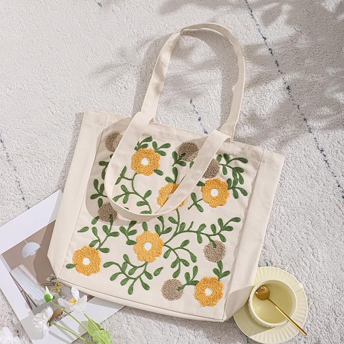 Aesthetic Embroidery Tote Bag for Lady Cute Reusable Canvas Shoulder Bag for Girls Women Shopping Grocery