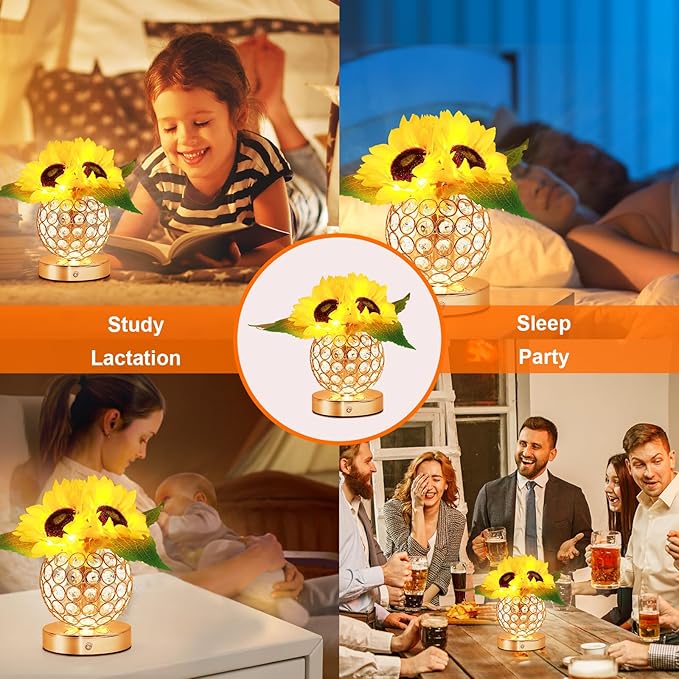 Sunflower Gifts for Women,Sunflower Flower Home Decor Touch Table Lamp,3-Colour Dimming Rechargeable Cordless Small Night Light for Festival Housewarming Birthday Gift for Mom