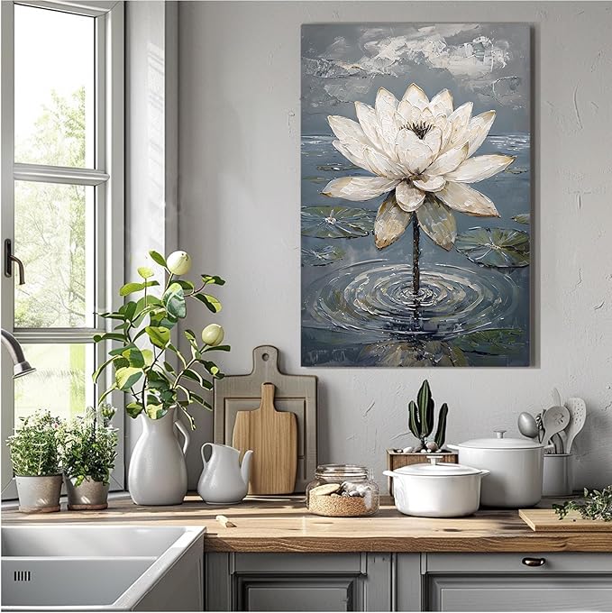 Stunning white lotus emerges from prismatic water with delicate petals background Serene aquatic wall art suitable for modern minimalist decor 24x36in Wood Framed