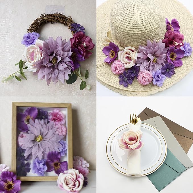 56 PCS Fake Flowers Heads Artificial Purple Silk Flower Heads Bulk Faux Mini Flowers for Cake Blossom Wreath Wedding Bridal Party DIY Home Decoration