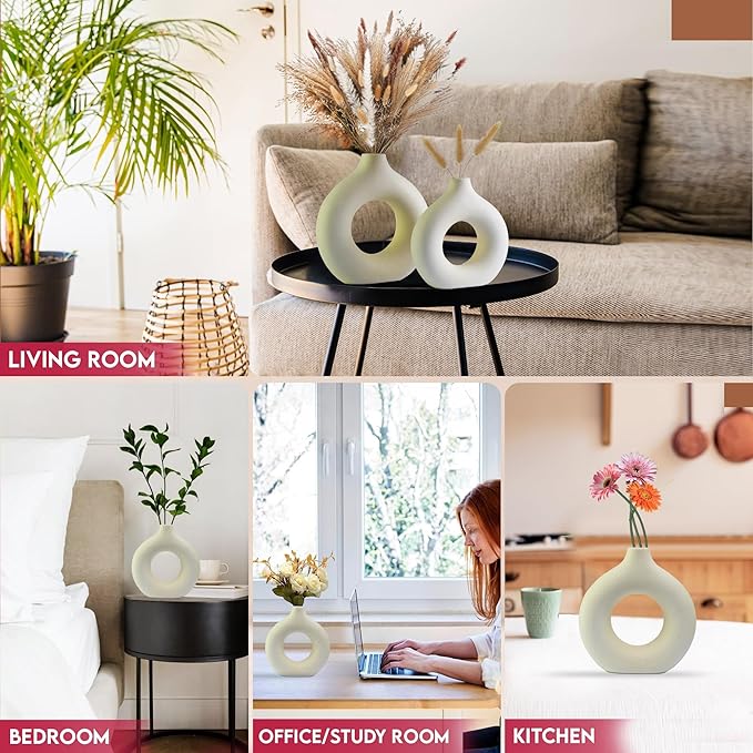White Ceramic Vase Set of 2, Modern Vases for Centerpieces, Round Matte Donut Vase for Fresh Cut Flowers, Living Room, Console Table, and Spring Decor