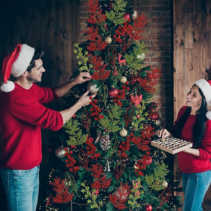 75 Pcs Christmas Glitter Branches 3 Styles Artificial Christmas Picks Berries Stems Pine Needles Floral Twig Spray for Xmas Tree Ornaments DIY Wreath Garland(Red, Green)