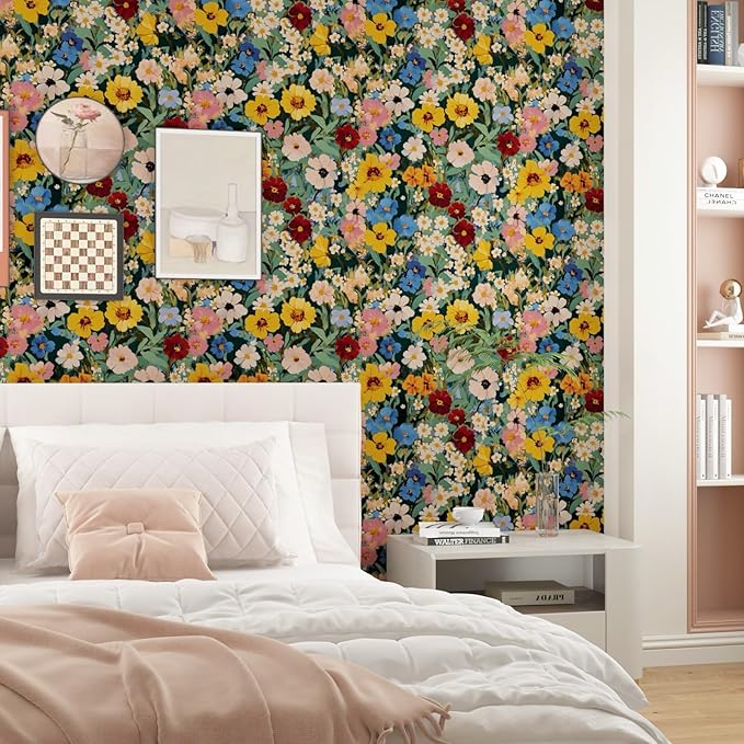 Watercolour Floral Peel and Stick Wallpaper Colorful Boho Contact Paper Renter Friendly Wall Paper for Countertop Cabinet Shelf Liner Removable 17.5 x 118In
