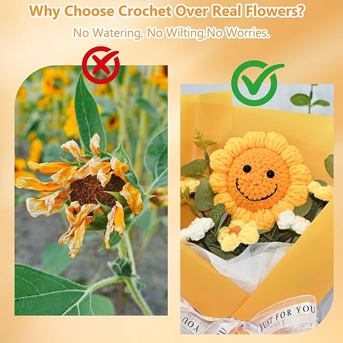 Handmade Crochet Flower Bouquet – Finished Knitted Sunflower & Daisy Flowers, Faux Floral Arrangement, Ready-to-Gift for Mother’s Day, Teachers, Graduation, Birthday, Wedding, Home & Office Décor