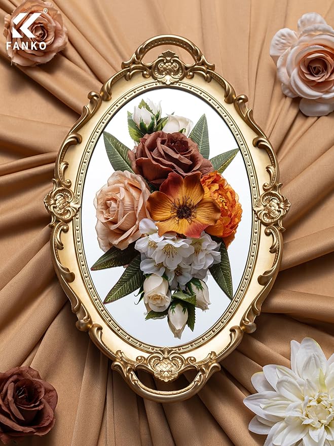 FANKO Artificial Flowers Brown Rose, Mixed Fake Silk Flowers Combo Cream White Rose White Dahlia Orange Ranunculus Vintage Style for DIY Wedding Bridal Bouquets, Home Decor