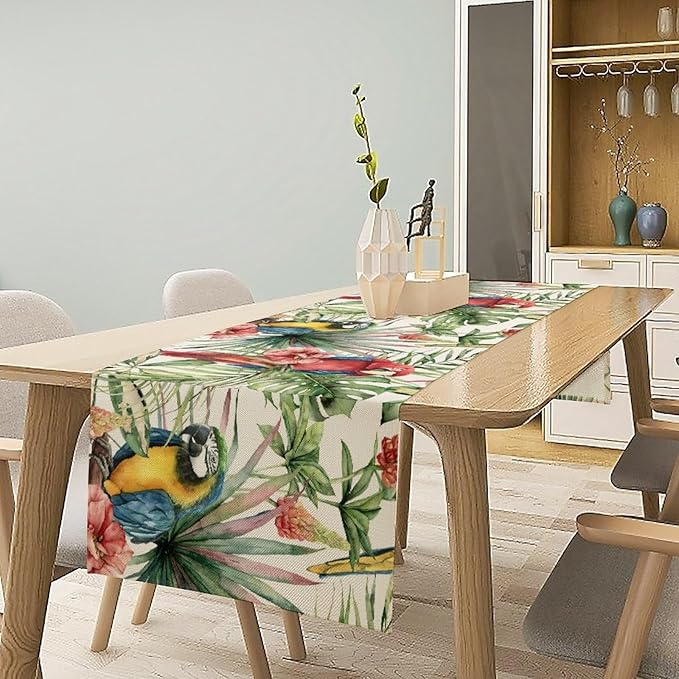Parrot Table Runner,Tropical Palm Leaf Colorful Macaw Bird Watercolor Print Tablecloth Burlap for Hotel Indoors Outdoor Dining Room Kitchen Home Decor,W13X L90 in