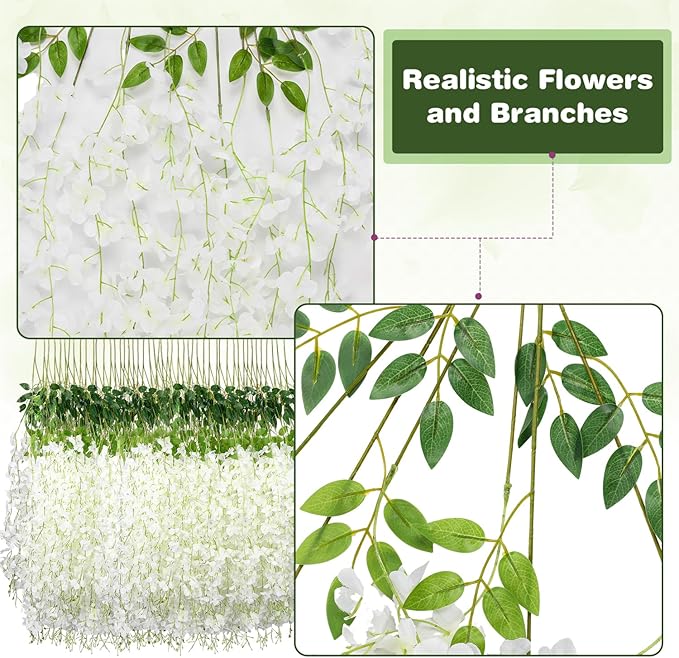Wisteria Hanging Flowers,Fake Hanging Flowers,Wisteria artificiales Garland for Home Wedding Arch Floral Party Garden Ceremony Outdoor Decor,3.6 feet Long(48,White)