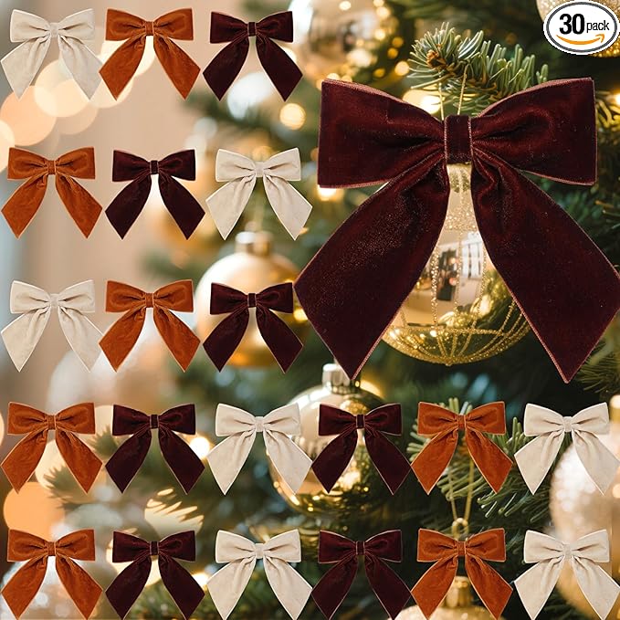 30 Pcs Velvet Ribbon Bows 5" x 4" Pre Tied Christmas Velvet Bows with Twist Tie for Gift Packaging Christmas Tree Wreaths Door Windows Wedding Party Decoration(Coffee)