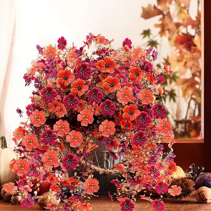 Outdoor Artificial Fall Flowers 6PCS, All Weather Fade Proof, UV Resistant Waterproof Realistic Faux Silk Mums Daisies Orange & Brown for Hanging Planters Porch Patio Balcony Deck Fence Garden Decor