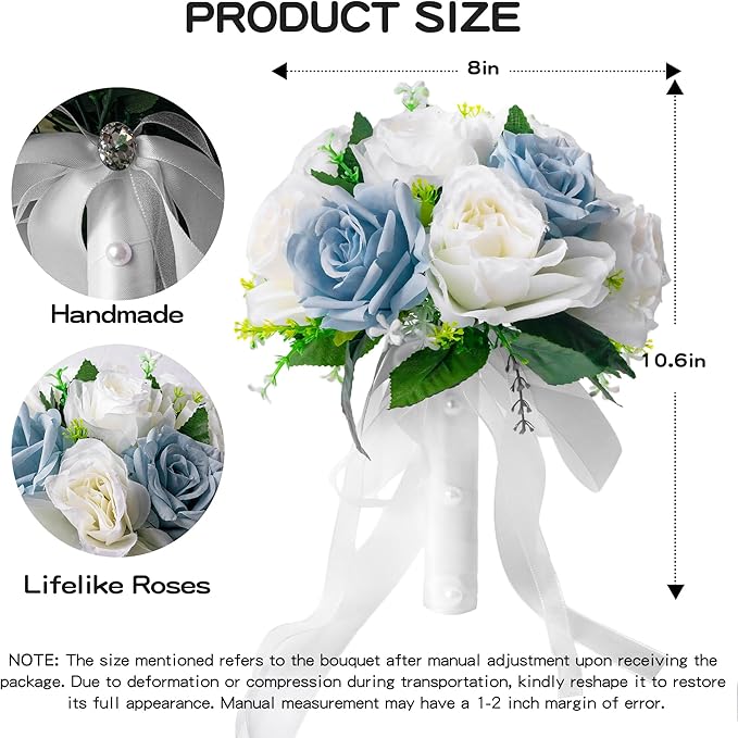 Wedding Bouquets for Bride - Realistic Silk Flowers Artificial Roses, 8 Inch Bridesmaid Bouquet for Ceremony, Church, Anniversary, and Home Decoration (White & Blue)