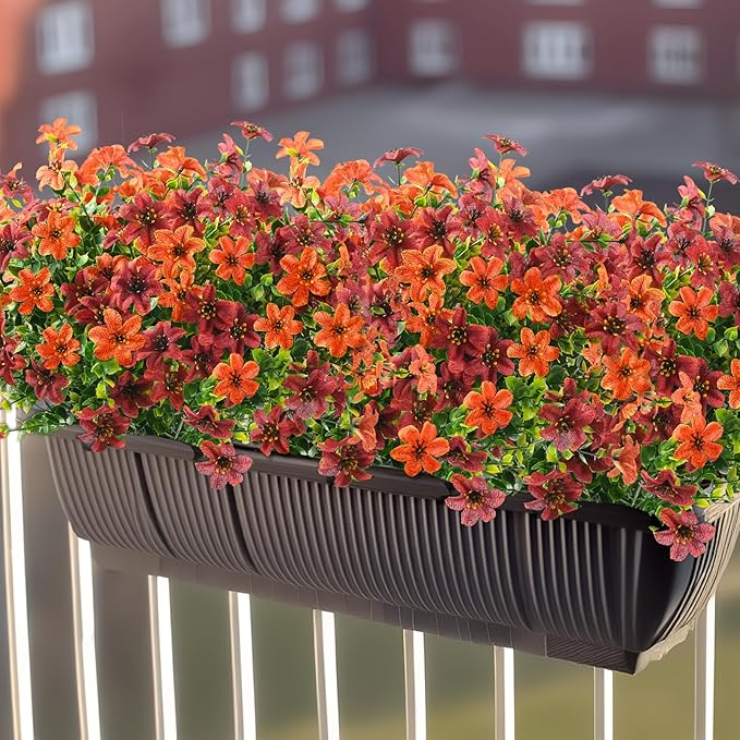 Artificial Mums Fake Fall Flowers for Outdoors Decoration, 12 Bundles Realistic Autumn Silk Daisy Faux Plants UV Resistant Decor for Home Garden Porch Patio Yard Balcony Window (Orange Brown)