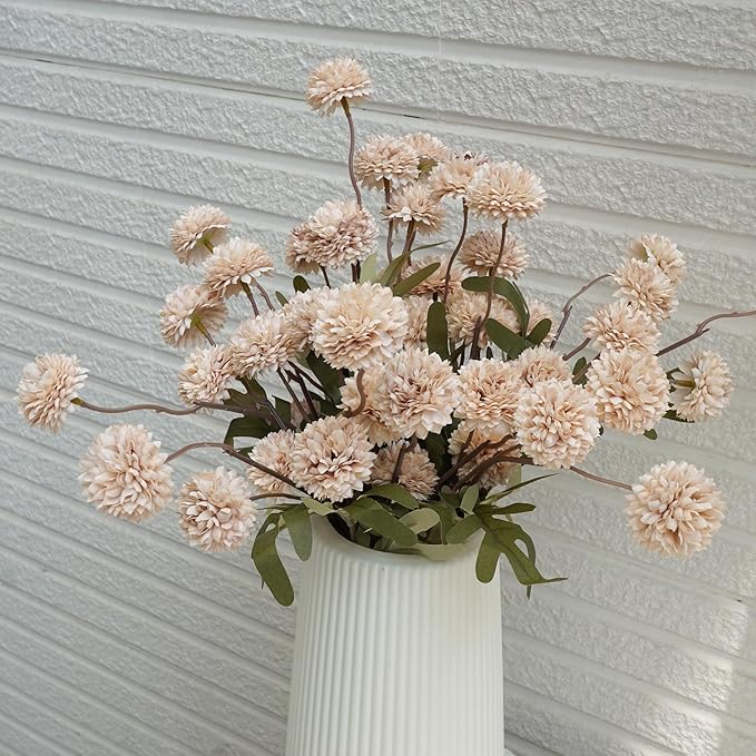 Faux Kiku Flower - Beige 12 Stems Artificial Silk Flowers for Home Decor Indoor Pompon Mums Fake Flowers Ball for Table Centerpieces Wedding Flowers Fillers