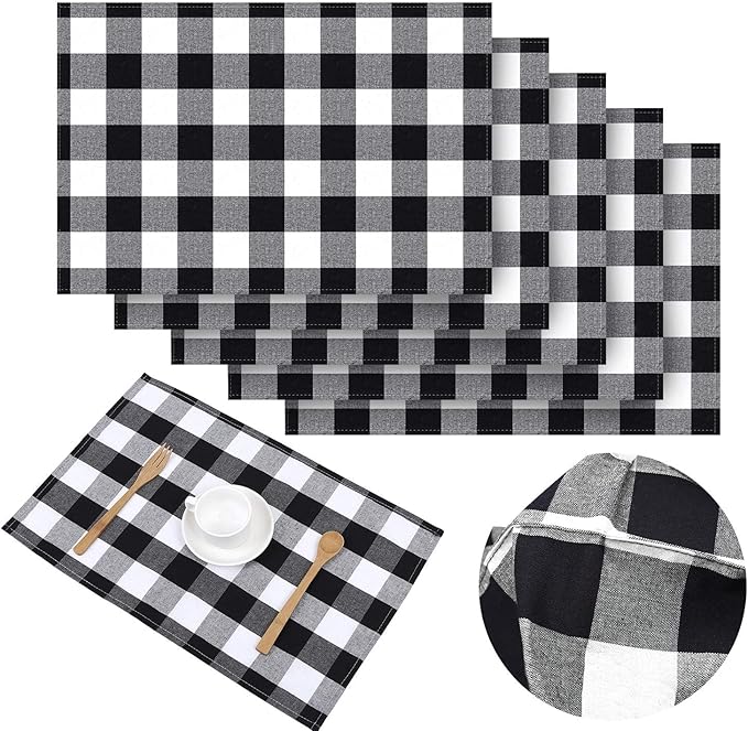 Aneco 6 Pack Buffalo Plaid Placemats Place Mats PVC Plastic Check Black and White Placemat Table Mats 12 x 18 Inches Decorative Kitchen Table Placemats, Black and White