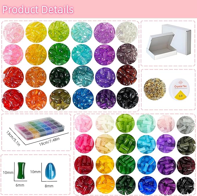 REVKI 1200pcs Glass Beads Bracelet Making Kit, 48 Colors Crystal Beads for Jewelry Making,Strange Shaped Glass Beads for Bracelets and DIY Crafts(Teardrop and Bamboo)
