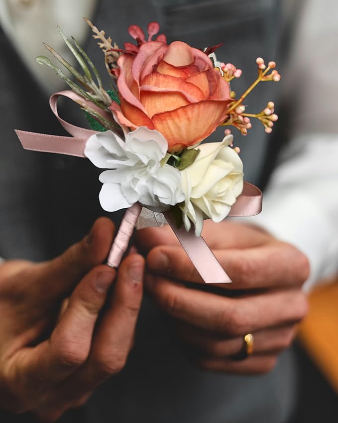 Corsage and Boutonniere Set Corsage Wistlet Terracotta Corsage Wrist Artificial Flower Perfert for Proms | Weddings for Bride,Bridesmaids, Groom,Groomsmen Decor (Terracotta)