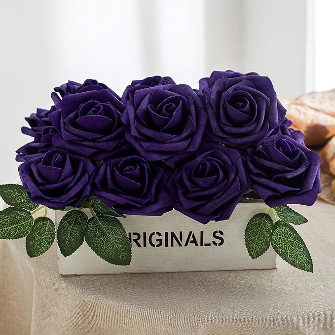 25pcs Artificial Flower Foam Rose Real Touch Roses Flower Heads with Stem for DIY Wedding Bouquets Centerpieces Arrangements Party Baby Shower Home Decor (Purple)