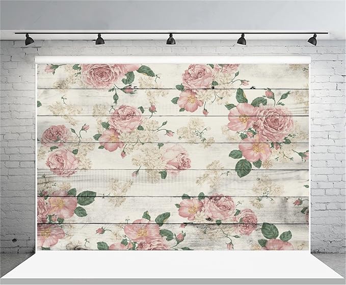 AOFOTO 5x3ft Vintage Wooden Board with Rose Floral Photography Background Retro Wood Plank Backdrop Flat Lay Old Hardwood Floor Baby Newborn Infant Portrait Photo Shoot Studio Props Vinyl Wallpaper