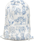 DSHFG Blue Birthday Drawstring Gift Wrap Bags, Safari Toile Chinoiserie Animals Baby Shower Drawstring Gift Bags Canvas, Blue and White Small Happy Birthday Bag, 10x13 Inch