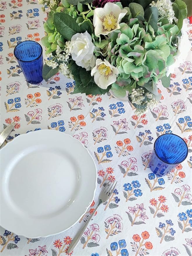 ATOSII Flora Bloom 100% Cotton Rectangle Boho Fall Tablecloth, Handblock Floral Table Cloth Linen for Kitchen Dining I Parties Wedding Outdoors Christmas Thanksgiving I 72 X 108 Inches I 8 Seater