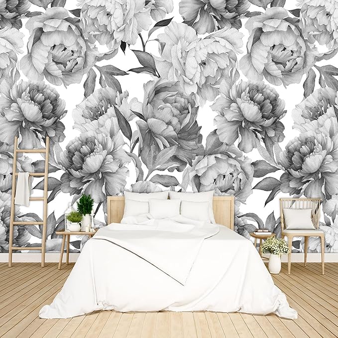 Grey Peony Floral Wallpaper Bedroom Black and White Botanical Flowers Leaf murals Aesthetic Room Decor Living Room tv Background Large Wall Mural - 183"x120" Not Peel and Stick